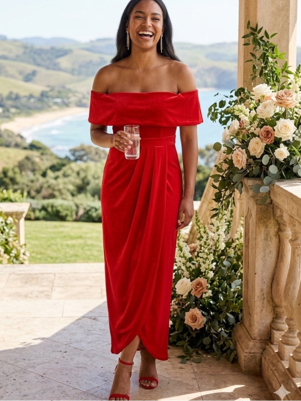 New Lulus I’m Excited Off-Shoulder Red Velvet Midi Dress Sz Small